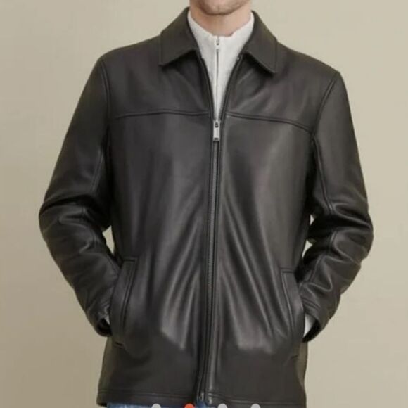 Men's Genuine Black Soft Leather Collared Bomber Jacket - Picture 1 of 9